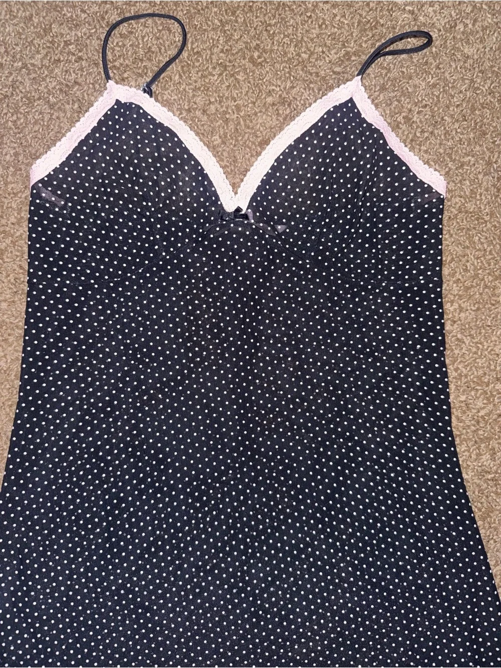 Victoria’s Secret Black Polka Dot Slip Dress with Pink Lace Trim